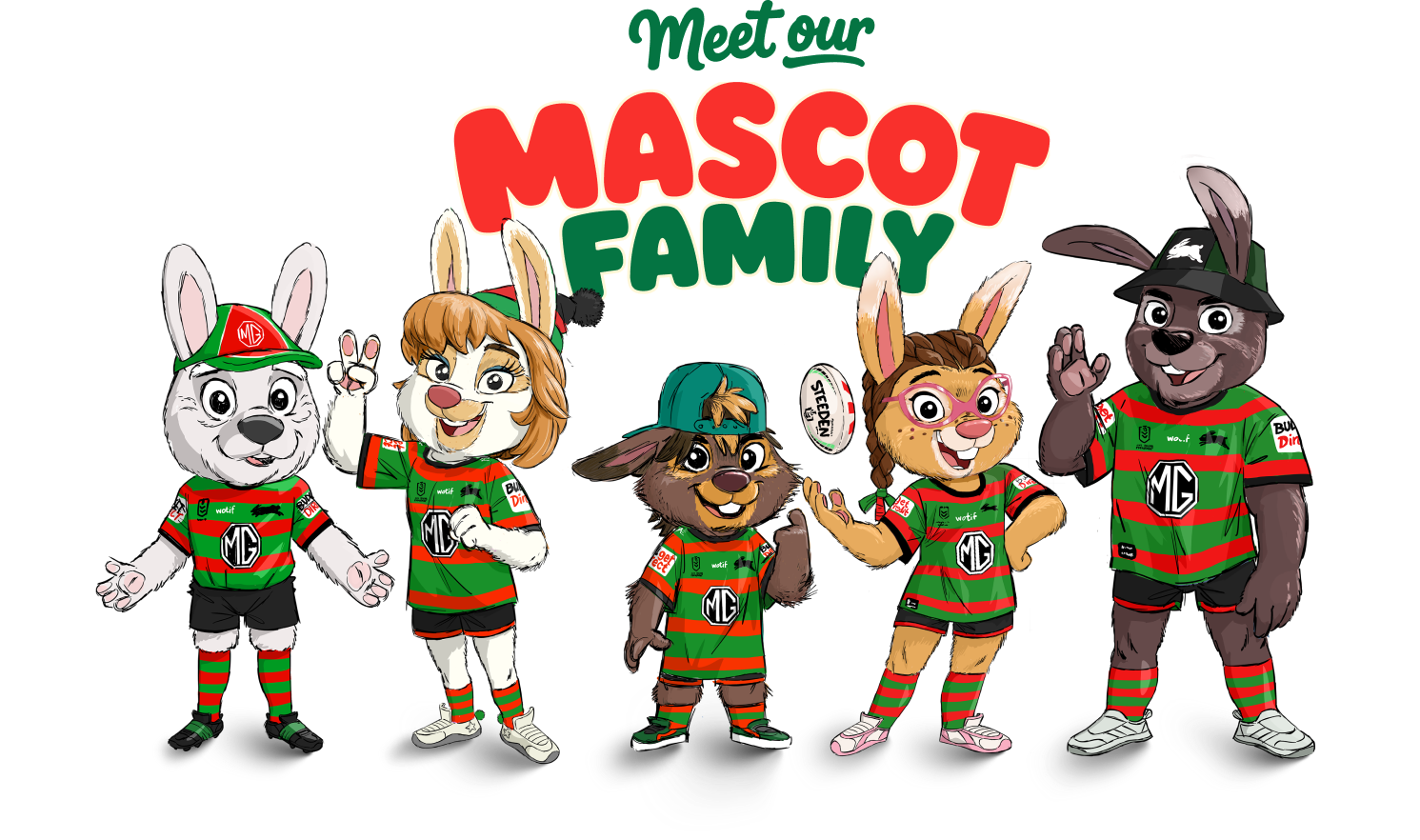 Meet the Rabbit Family — Reggie, Scarlett, Jack, Ruby and Oliver standing together